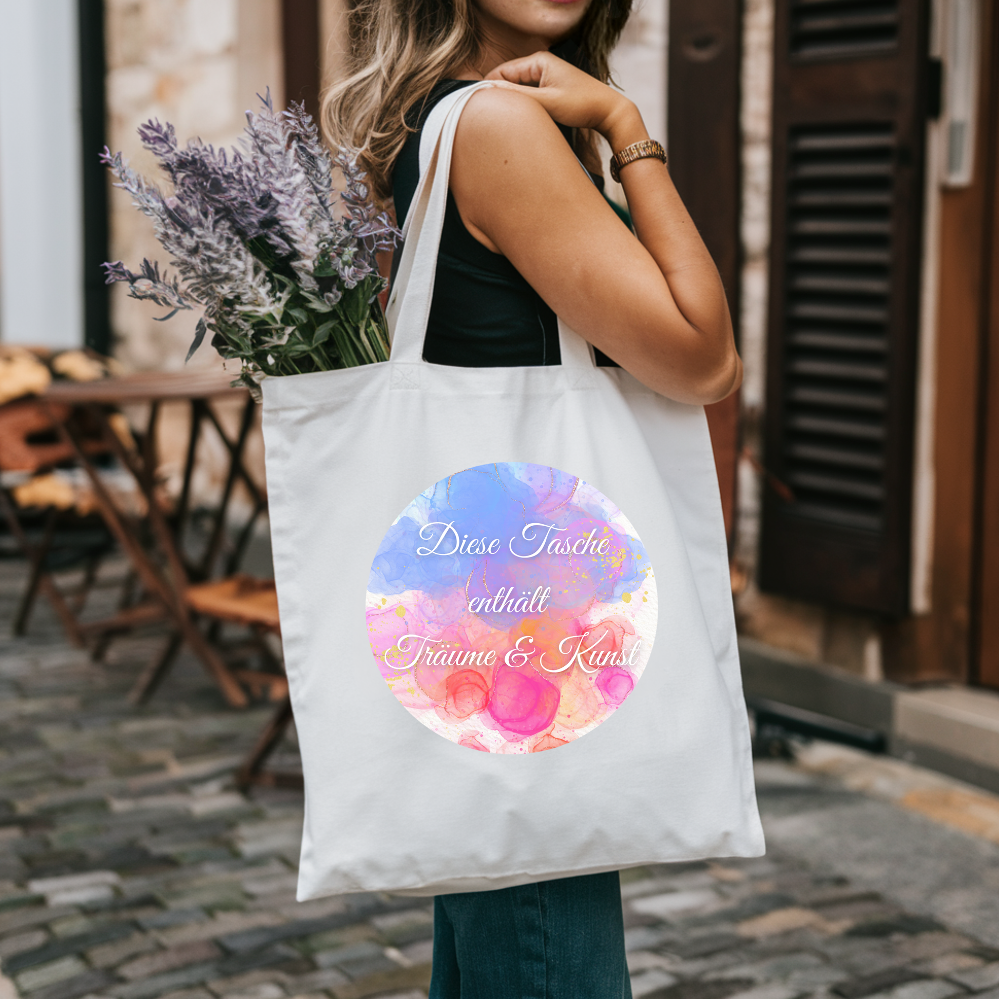 Stilvolle Tragetasche in Aquarelloptik mit inspirierender Botschaft, einzigartiges Design Tasche, Tragetasche für kreative Menschen