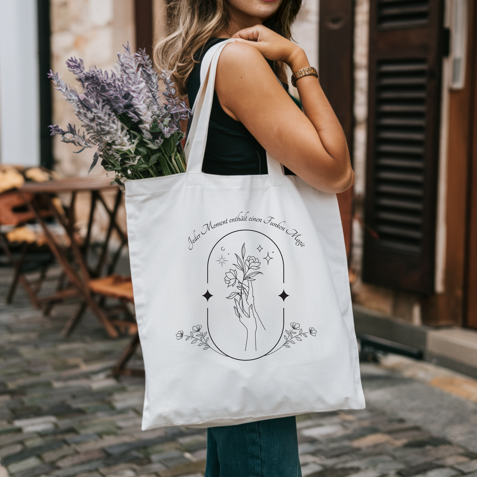 Stilvolle Tragetasche mit zartem Lineart-Design und bezaubernder Botschaft, Tragetasche mit eleganten Design im Lineart-Stil, nachhaltige Alternative Tasche