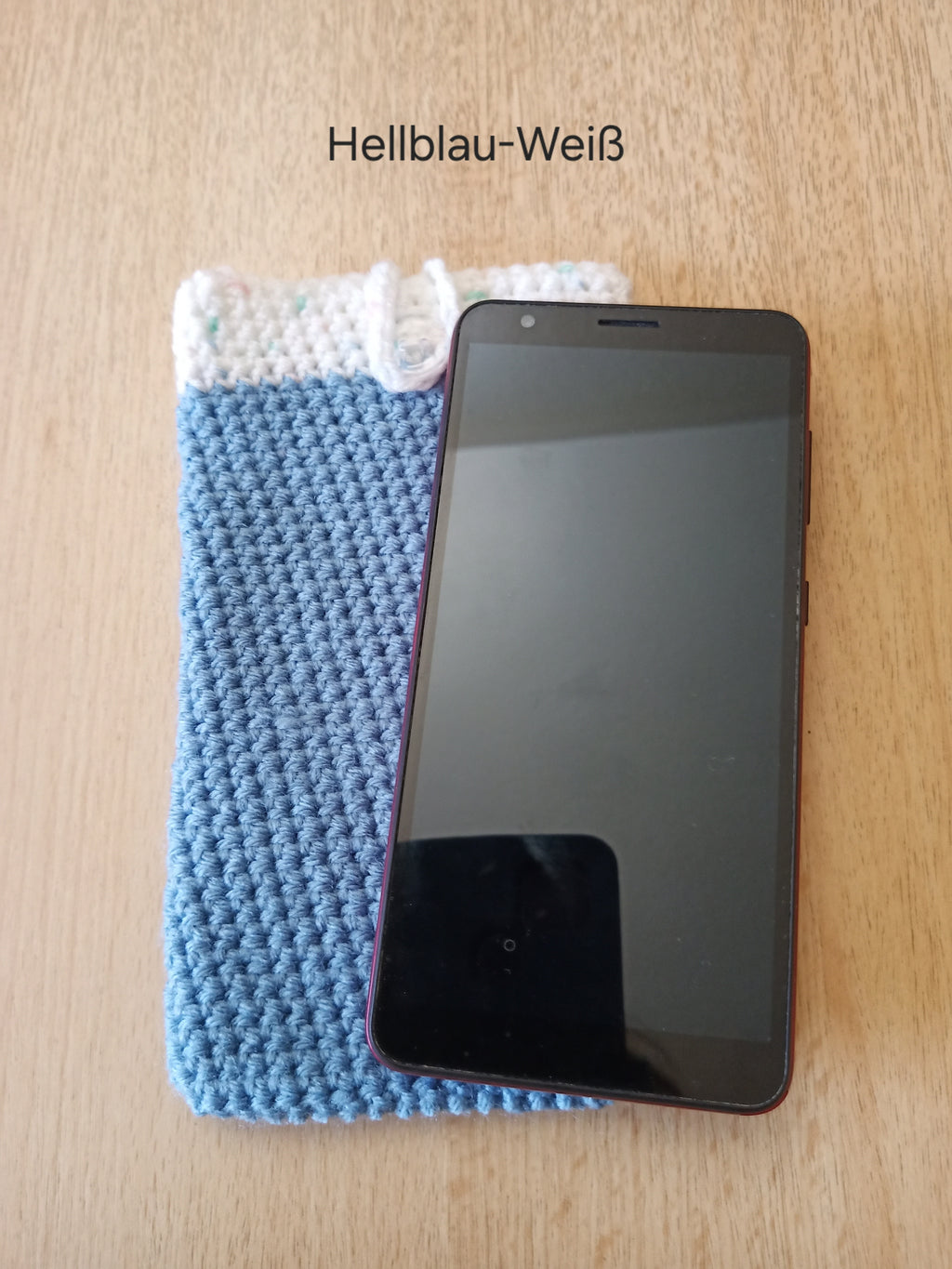 Handgehäkelte Handyhülle mit praktischem Knopfverschluss – 10 x 16 cm – in verschiedenen Farben klein