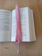 Hand-crocheted bookmark with braided ribbon – 2 x 25 cm – in various colors