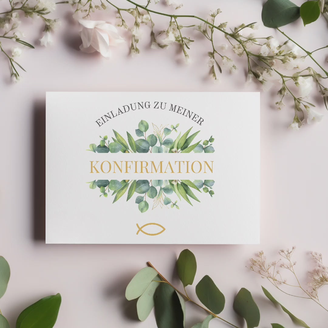 Elegantes Einladungskarten-Set zur Konfirmation, Einladung zur Konfirmation, Einladungstext auf der Innenseite, christliches Symbol Fisch