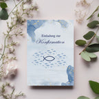 Modernes Einladungskarten-Set zur Konfirmation in Blau, Einladung zur Konfirmation, Einladungstext auf der Innenseite, christliche Symbolik
