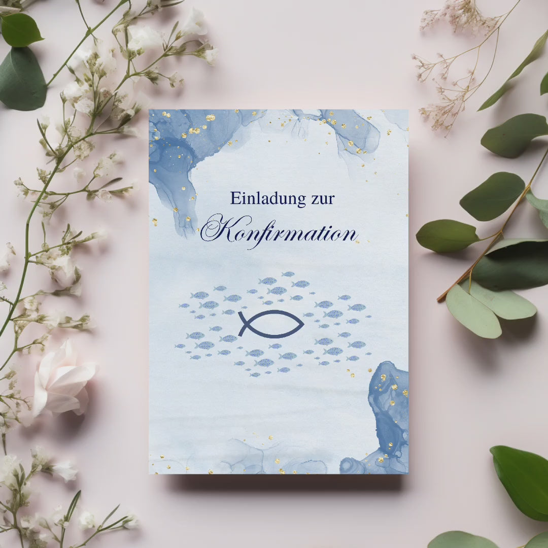 Modernes Einladungskarten-Set zur Konfirmation in Blau, Einladung zur Konfirmation, Einladungstext auf der Innenseite, christliche Symbolik