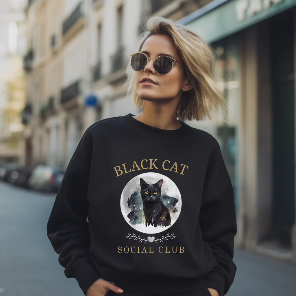 Exklusives Black Cat Social Club Sweatshirt, mystische Katzen Sweatshirt, Halloween Sweatshirt mit Katze, Must-Have für Katzenliebhaber