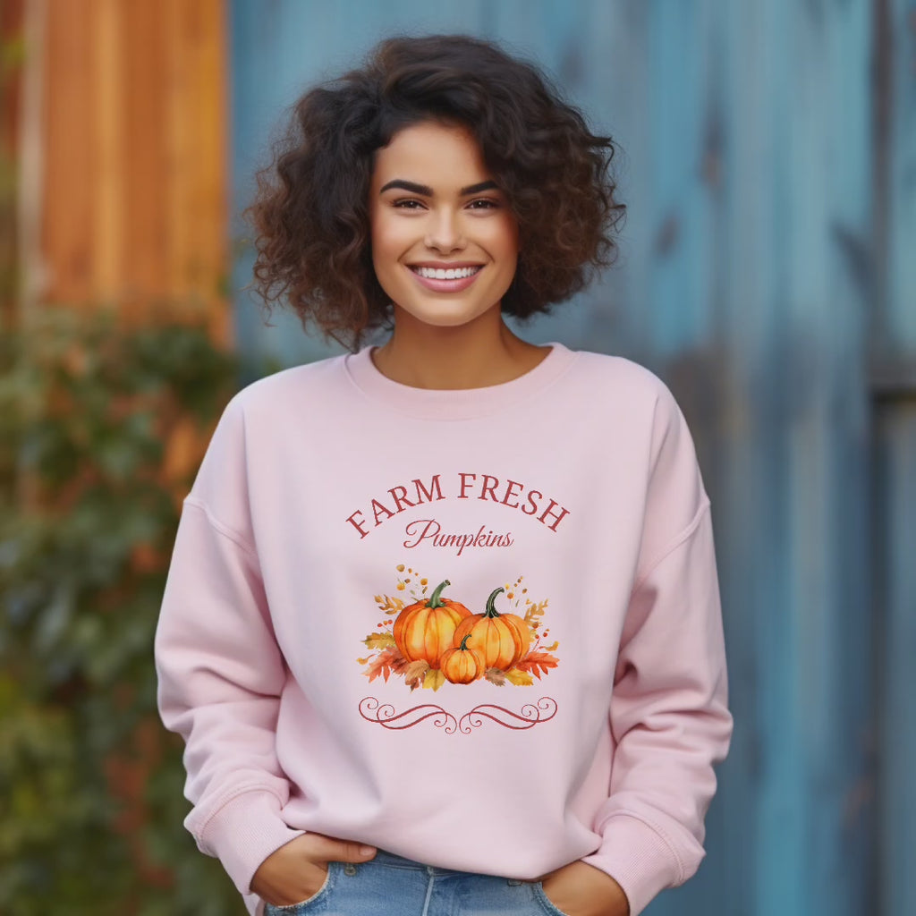Nostalgisches Sweatshirt Farm Fresh Pumpkins, Kürbis Sweatshirt, Sweatshirt goldener Oktober, rustikaler Charme, Outfits fürs Herbstfest