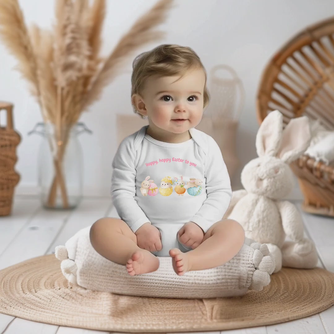 Baby Strampler mit niedlichen Häschen, Hoppy hoppy Easter to you Strampler, erstes Osterfest, süßes Geschenk Baby, Strampler mit Osterhasen