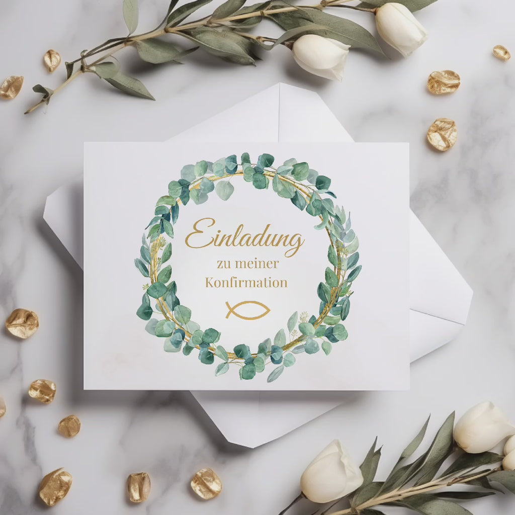 Moderne Konfirmationseinladungen, hochwertiges Einladungskarten-Set Konfirmation, christliche Symbolik, Einladungstext auf der Innenseite