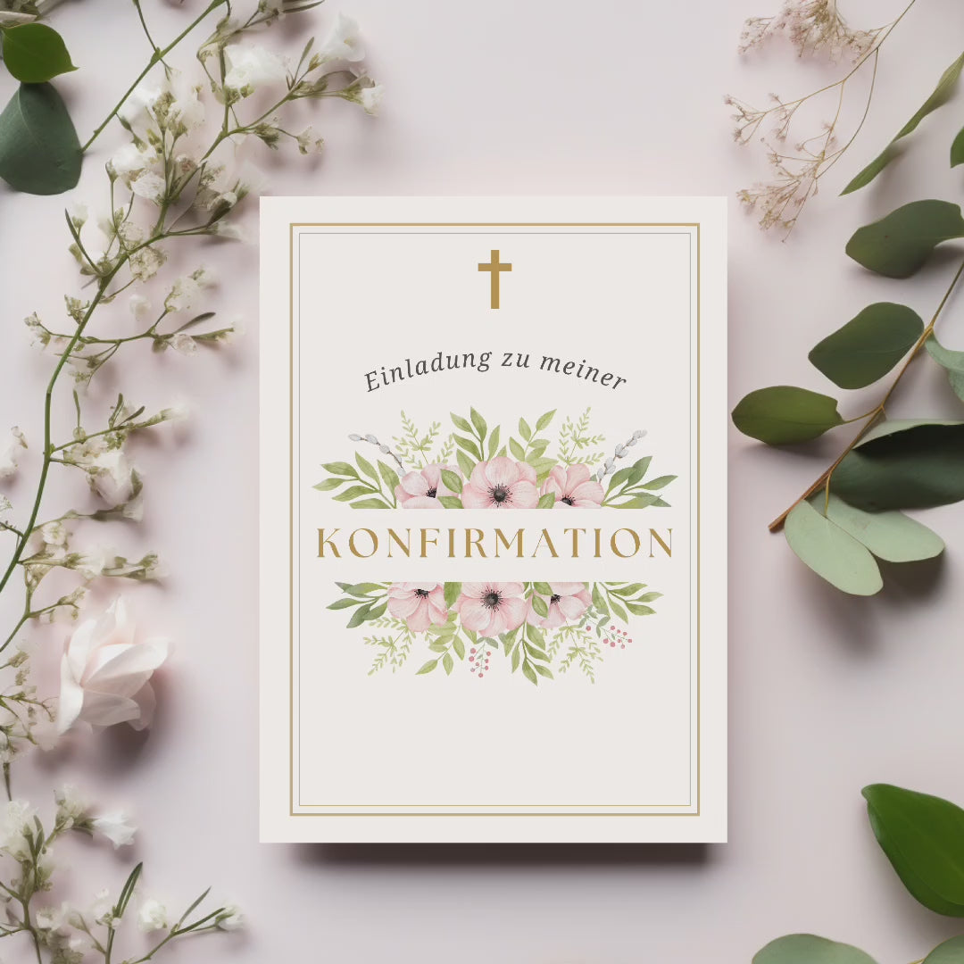 Stilvolles Einladungskarten-Set Konfirmation, schöne Einladungskarten zur Konfirmation, florales Design, Einladungstext auf der Innenseite