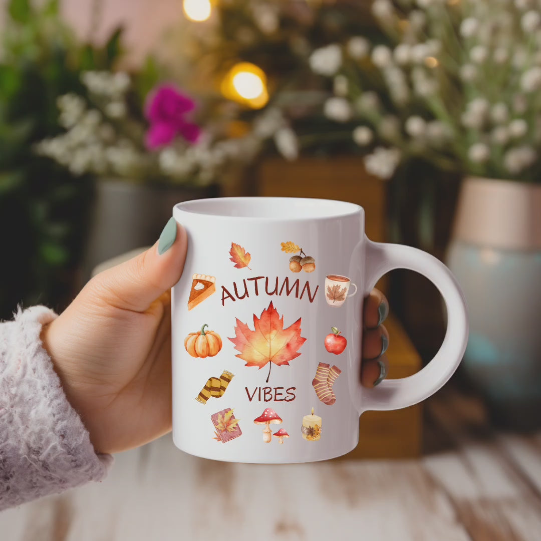 Schöne Autumn Vibes-Keramiktasse, Frühstückstasse, Herbst Tasse, stimmungsvolles Lebensgefühl, herbstliche Szene, liebevolle Illustrationen