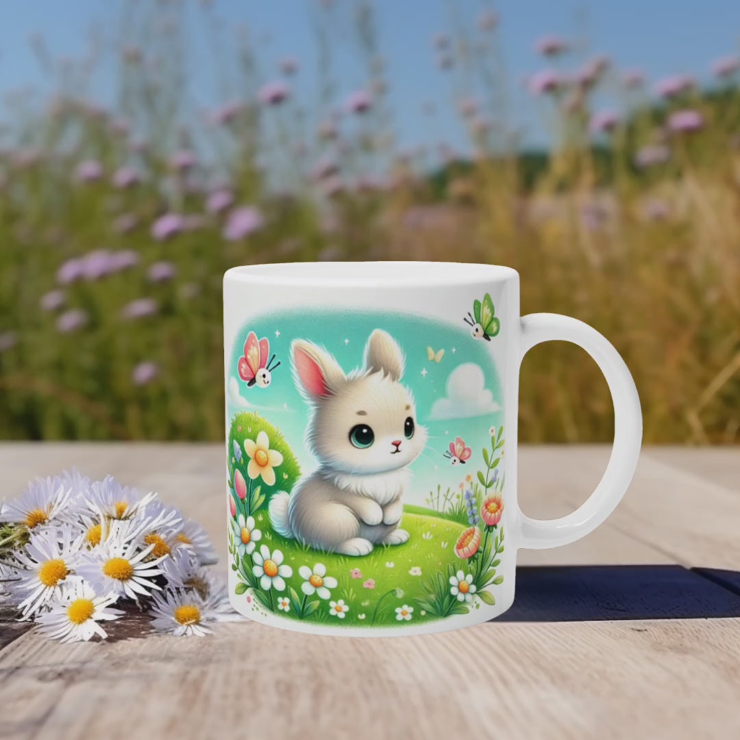 Liebevolle Häschen Tasse Frühling, bezaubernde Tasse mit süßen weißen Häschen, Frühlingshäschen Tasse, süße Geschenkidee, Frühlingstasse
