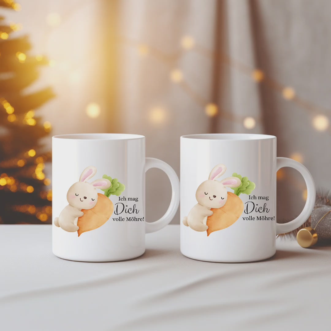Zauberhafte Häschen Tasse mit liebevoller Botschaft, Ich mag Dich volle Möhre Tasse, perfekte Geschenkidee Tasse, süße Frühstückstasse