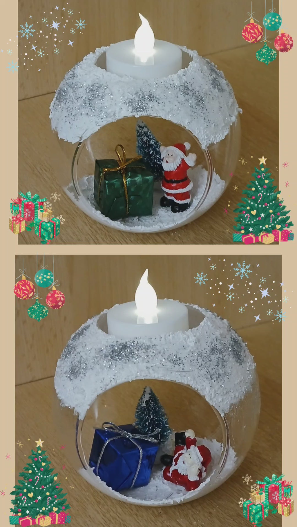 Winterliche Windlichtkugel mit Weihnachtsmann, Tannenbaum & Geschenkpaket – Stimmungsvolle Weihnachtsdeko