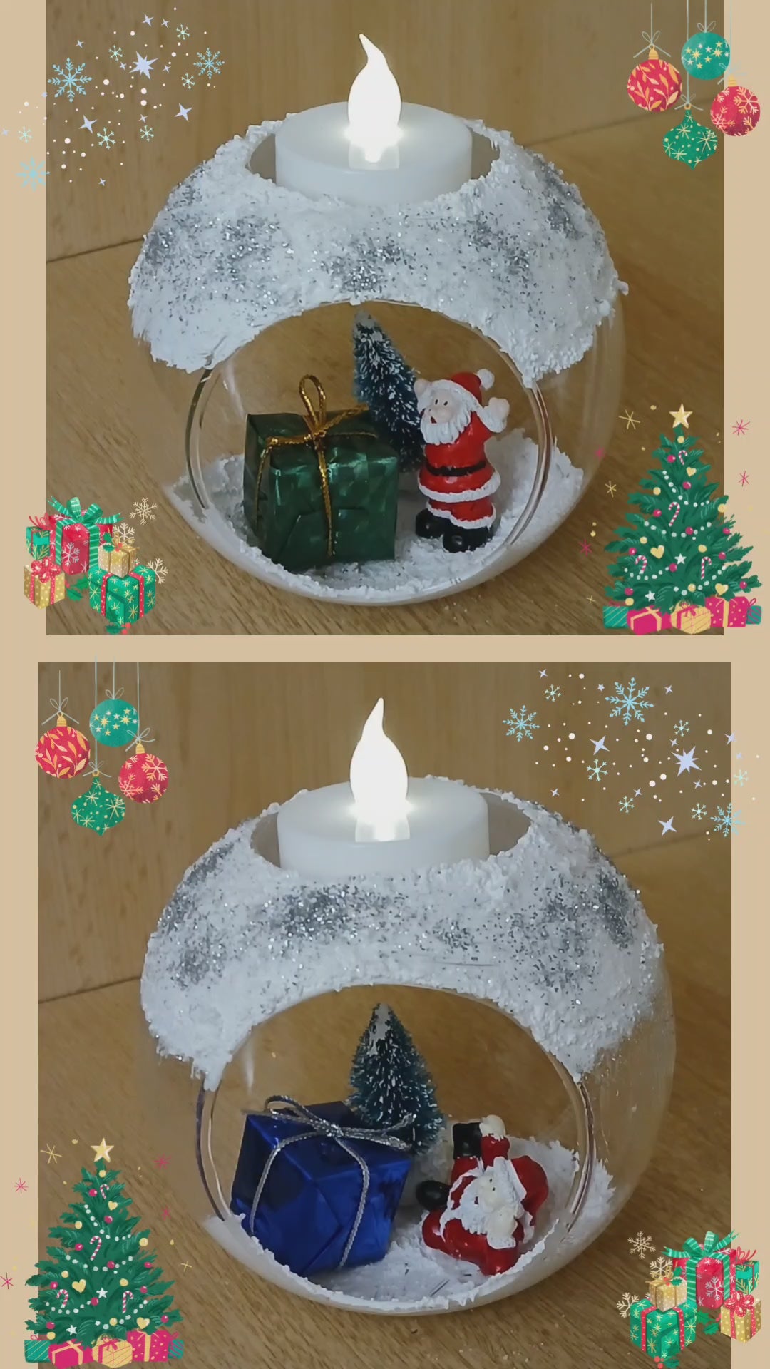 Winterliche Windlichtkugel mit Weihnachtsmann, Tannenbaum & Geschenkpaket – Stimmungsvolle Weihnachtsdeko