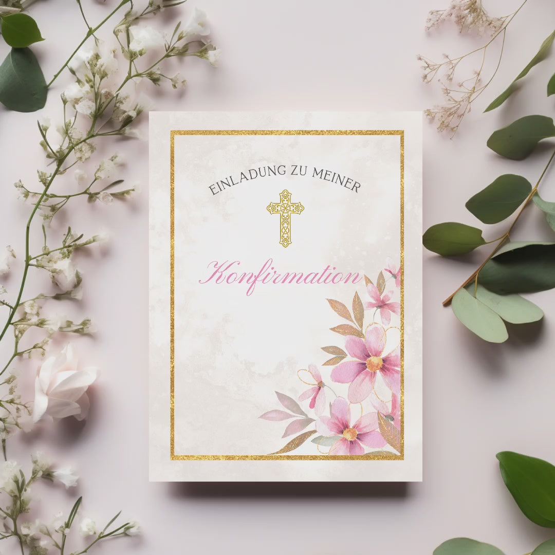 Schöne florale Konfirmationseinladungen im 10er-Set, Einladungskarten-Set Konfirmation, Konfirmation mit Stil, christliche Symbolik Karten