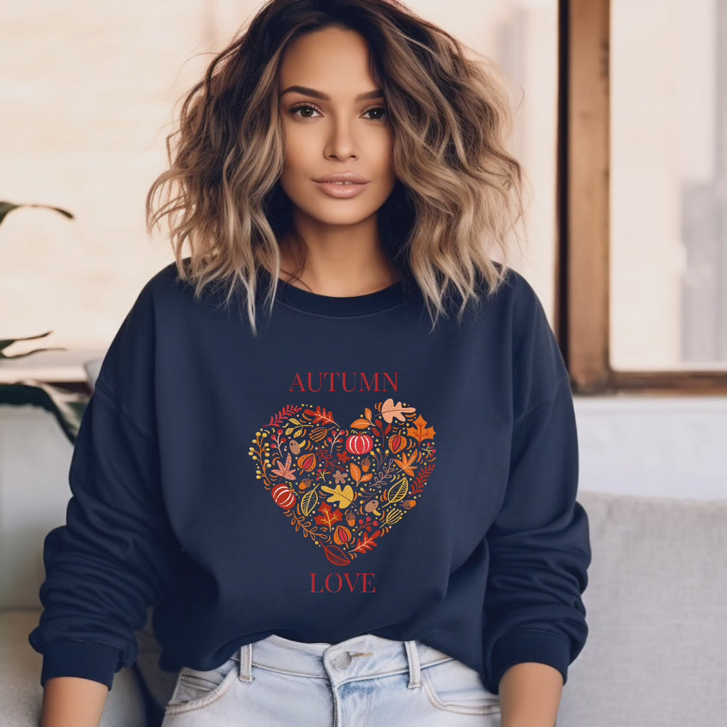 Herbstliches Sweatshirt mit Herzmotiv, Autumn Love Sweatshirt, kuscheliges Sweatshirt Herbst, Herbst Sweatshirt, besonderes Herbstoutfit