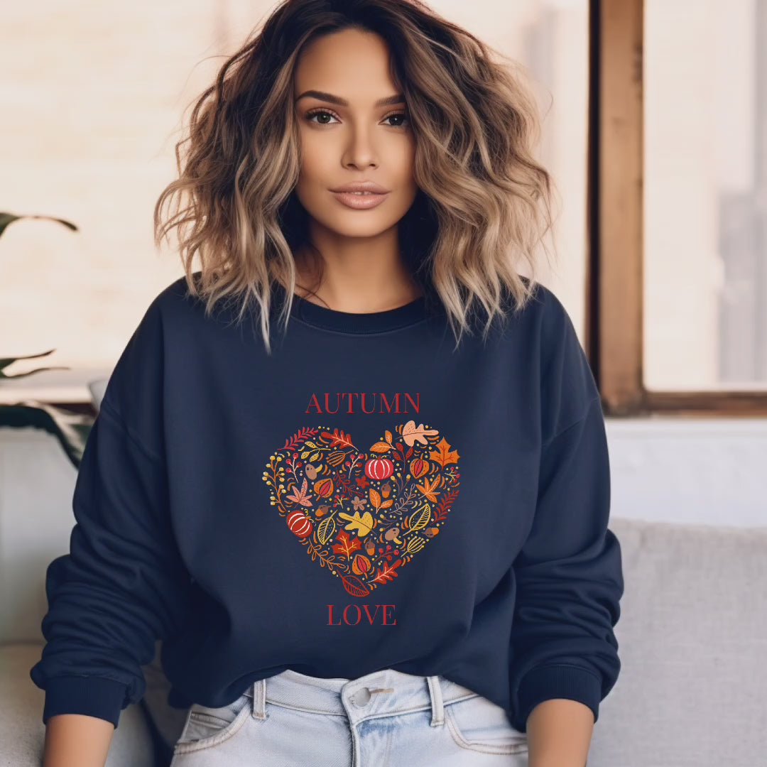 Herbstliches Sweatshirt mit Herzmotiv, Autumn Love Sweatshirt, kuscheliges Sweatshirt Herbst, Herbst Sweatshirt, besonderes Herbstoutfit