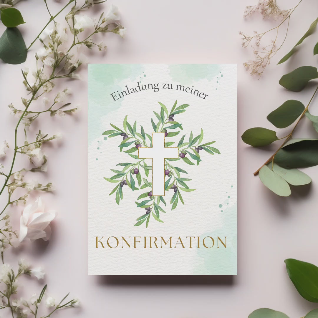 Stilvolle Konfirmationseinladungen, stilvolles Einladungskarten-Set Konfirmation, natürliches Design Konfirmationskarten, harmonisches Motiv