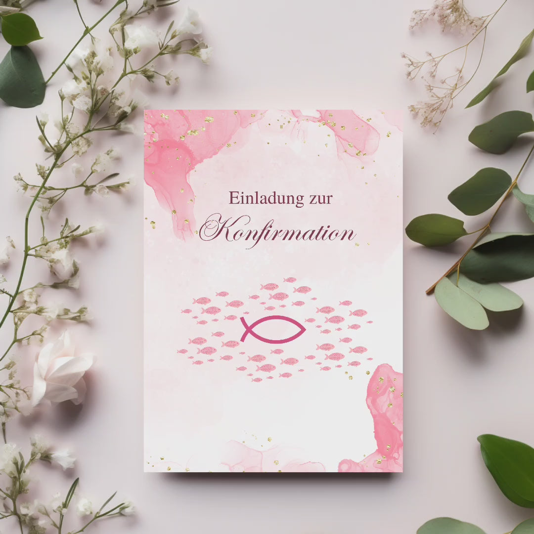 Schöne Konfirmationseinladungen in rosa Optik, schöne Einladungskarten-Set Konfirmation, Einladung zur Konfirmation, christliche Symbolik