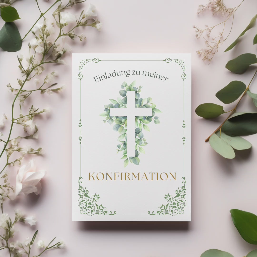 Edles Einladungskarten-Set zur Konfirmation, Einladung zu meiner Konfirmation, Einladungstext auf der Innenseite, elegant-christliches Motiv